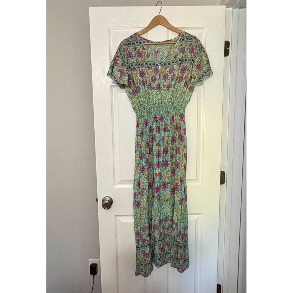 Kindred Anthropologie Maxi Dress Womans M Floral Flutter Sleeve Smocked Boho